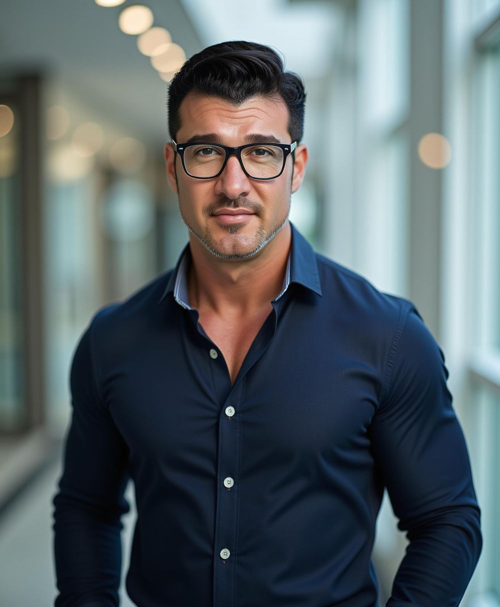 Ernie Delgado, founder and CEO of Solar Advantage, in a navy shirt and glasses.