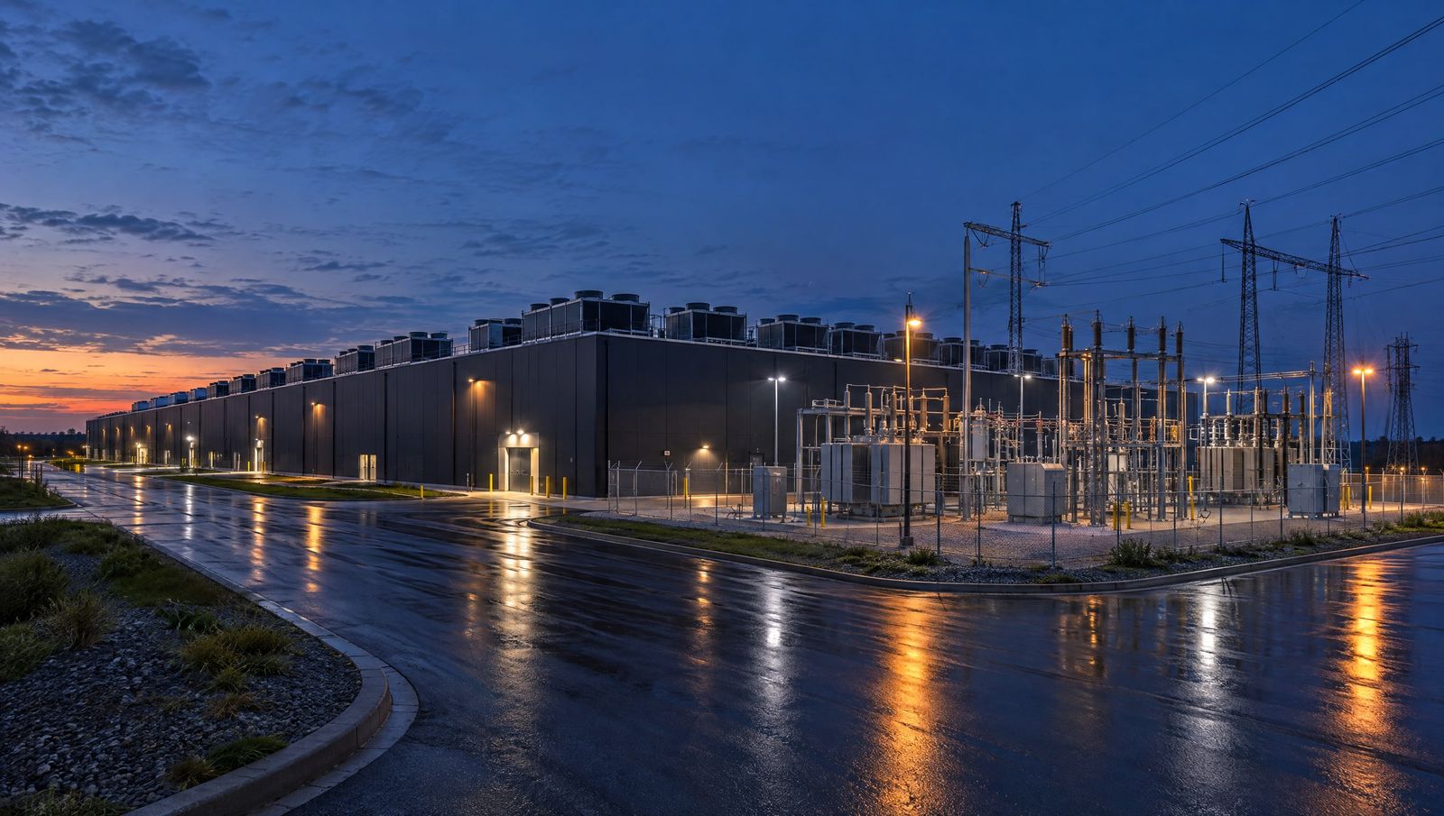 A large data center building at dusk with an adjacent electrical substation.