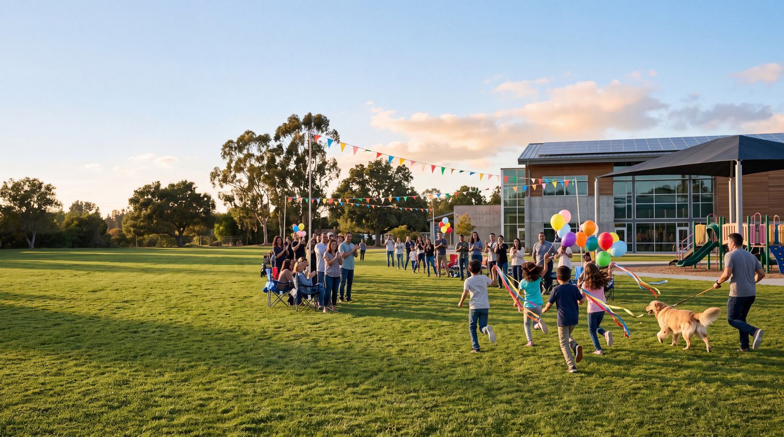 Children with ribbon streamers and balloons run across a school field with a golden retriever as families cheer, in front of a modern school with rooftop solar.