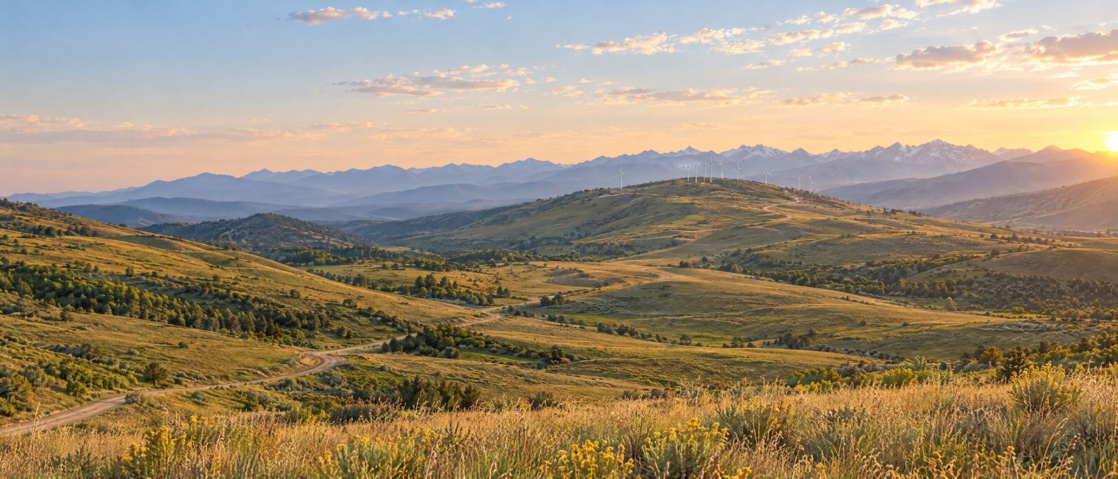 A road winds through a valley of rolling hills toward wind turbines on a distant ridge at golden hour.
