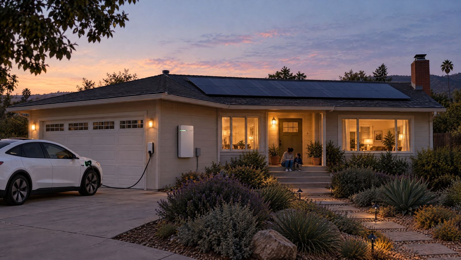 A single-story home at dusk with rooftop solar, a battery on the garage wall, an electric car charging in the driveway, and a parent and child on the porch.